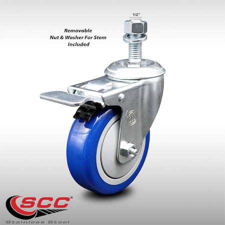 Service Caster 4 Inch SS Blue Polyurethane 1/2 Inch Threaded Stem Caster with Total Lock Brake SCC-SSTSTTL20S414-PPUB-BLUE-121315